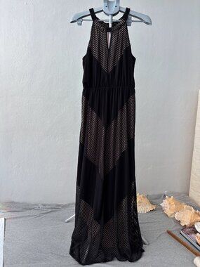 Apt. 9 Black Halter Maxi Dress L Old Money Sheer Mesh Cocktail Cruise Goth
